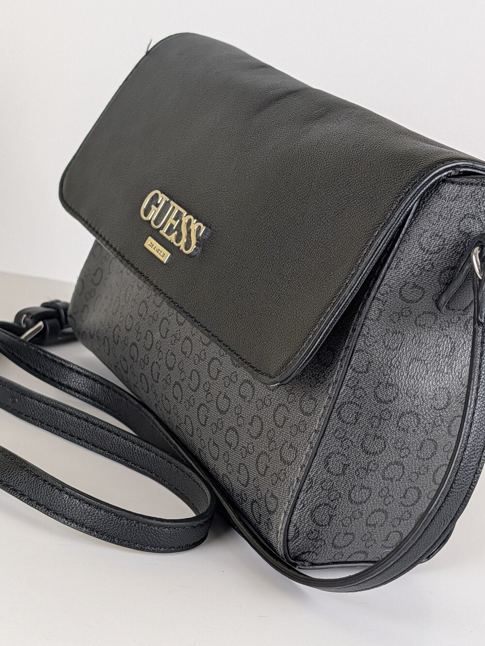 ​GUESS Black Monogram Logo Flap Crossbody Bag Silver Hardware